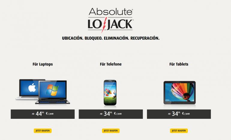 LoJacK: Für alles andere: Laptop, Smartphone und Tablet. Man installiert auf dem Gerät ein unsichtbares Programm, das selbst ein Formatieren oder Austauschen der Festplatte überstehen soll. Wird das Gerät auf der Hersteller-Webseite als gestohlen gemeldet, verrät es dem Eigentümer seinen Standort. Die Überwachung eines Laptops kostet 44,95 Euro pro Jahr, Smartphone und Tablet kosten jährlich 34,95 Euro.