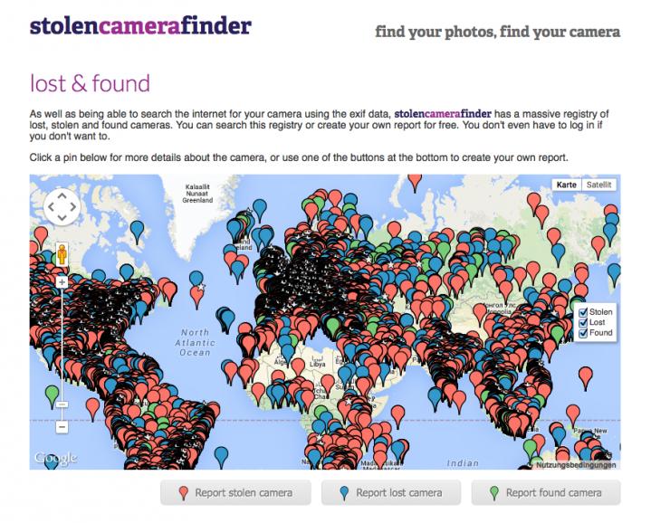 stolencamerafinder: Ein Foto per Drag&amp;Drop auf die Webseite ziehen und schon sucht der Dienst im Netz nach Fotos, deren Exif-Daten zur gestohlenen Kamera gehören. Das kann schnell und einfach zu Ergebnissen führen. Der kostenpflichtige Pro-Modus sucht dauerhaft, tauchen Bilder im Web auf, schickt der Dienst eine E-Mail. Zudem kann ein Finderlohn ausgeschrieben werden. Die kostenlose Suche funktioniert weltweit.