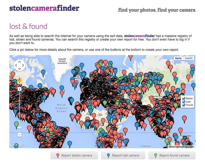 stolencamerafinder: Ein Foto per Drag&amp;Drop auf die Webseite ziehen und schon sucht der Dienst im Netz nach Fotos, deren Exif-Daten zur gestohlenen Kamera gehören. Das kann schnell und einfach zu Ergebnissen führen. Der kostenpflichtige Pro-Modus sucht dauerhaft, tauchen Bilder im Web auf, schickt der Dienst eine E-Mail. Zudem kann ein Finderlohn ausgeschrieben werden. Die kostenlose Suche funktioniert weltweit.