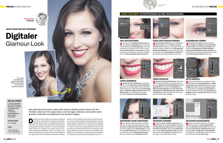 Beauty-Make-Over mit Photoshop
Digitaler Glamour-Look: Wir zeigen Ihnen, wie Sie Augen, Schmuck und Lächeln durch gezieltes Aufhellen und Abdunkeln zum Strahlen bringen. Jetzt in der neuen DigitalPHOTO 06/2015.