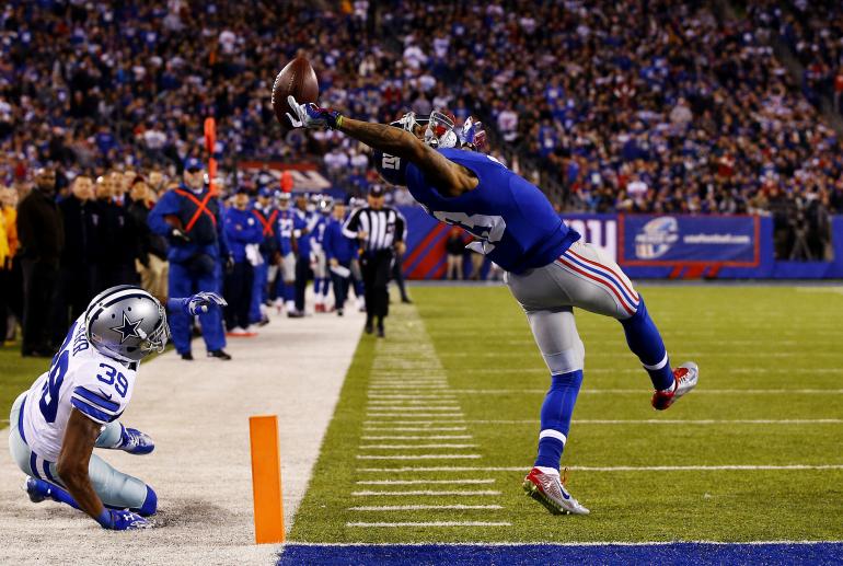 East Rutherford, New Jersey, USA: Odell Beckham (#13) of the New York Giants makes a one-handed touchdown catch in the second quarter against the Dallas Cowboys at MetLife Stadium.