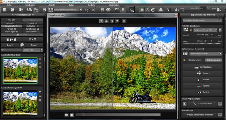 Die Echtzeit-Vorher-Nachher Vergleichsansicht der neuen COLOR projects 4 Software.