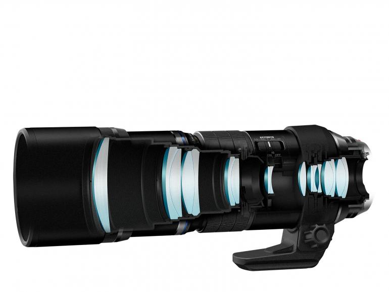 Querschnitt des neuen Teleobjektivs M.Zuiko Digital ED 300 mm 1:4.0 IS Pro von Olympus. 