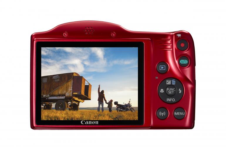 Rückseite der neuen Powershot SX420 IS von Canon – auch in rot erhältlich. 