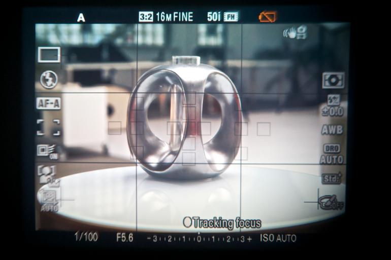 Elektronischer Sucher: Der Blick durch einen elektronischen Sucher (hier: Sony SLT-A57) zeigt sowohl das Motiv als auch Zusatzinfos.