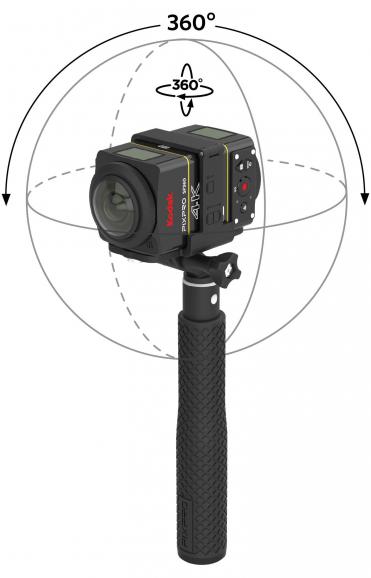 Um eine komplette Rundumsicht aufnehmen zu können, werden zwei Modelle von Kodaks neuester Action-Cam benötigt. Eine Halterung ist als Zubehör erhältlich.