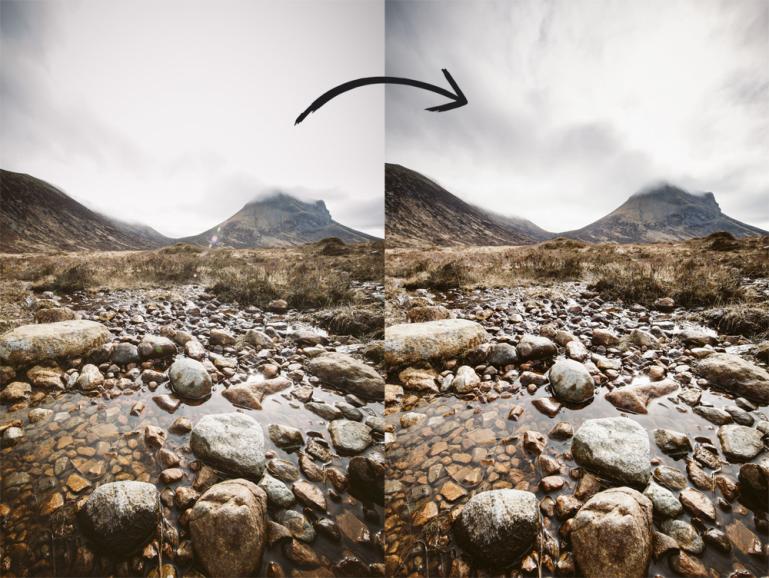 Durch die Canon EOS 5 D Mark II, 11 mm, bei F/11, ISO 100 und Belichtungszeit von 1/30s entstand die bessere Aufnahme ohne Blendenfleck (rechts).