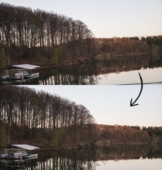 Das Bild mit geradem Horizont (unten) entstand durch die Canon EOS 5 D Mark II, 42 mm, bei Blende F/5,6, ISO 200 und Belichtungszeit von 30s.