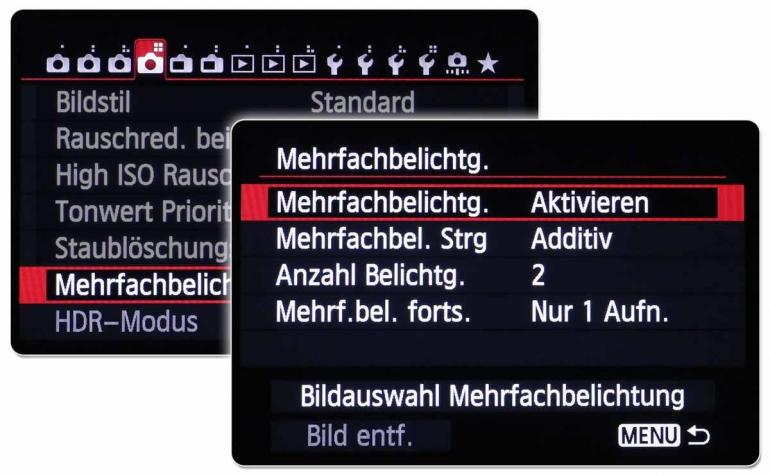 Viele DSLR-Modelle (hier: Canon EOS 5D Mark III) bieten Ihnen die kreative Funktion Mehrfachbelichtung. Diese ermöglicht eine kamerainterne, automatische Überlagerung zweier oder mehrerer Aufnahmen.