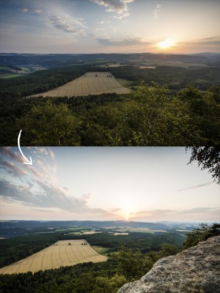 Ein Vordergrund (unten) erzielt oft eine bessere Bildwirkung. Abgelichtet wurde das Ganze mit der Canon EOS 5 DS, 16 mm, bei Blende F/9, ISO 100 und einer Belichtungszeit von 1/6s.