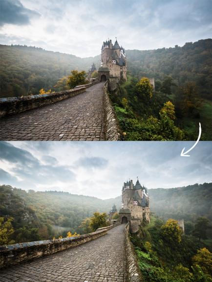 Die Platzierung des Motivs im oberen Bild wirkt unvorteilhaft. Das bessere Bild entstand mit der Canon 5D Mark III, 16mm, bei Blende F/11, ISO 100 und einer Belichtungszeit von 2s.