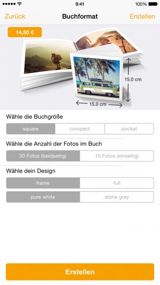 Wählen Sie Format, Bildanzahl und Design des Fotobuchs.