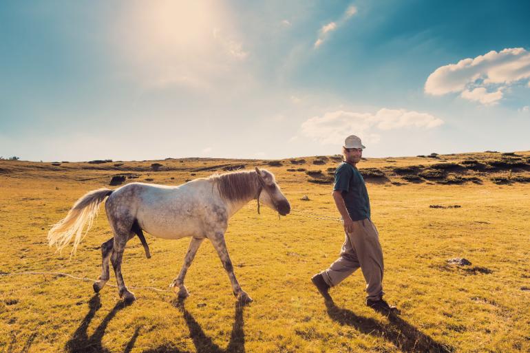 Fotograf David Pinzer begab sich auf viele Wanderungen durch die Gebirge Montenegros. Auf einer Hochalm begegnete er diesem Bergbauern mit dessen Pferd. 