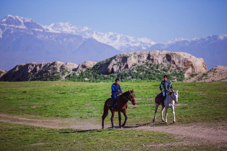 Vor beeindruckender Bergkulisse bieten Einheimische ihre Pferde als Transportmittel für Touristen an.