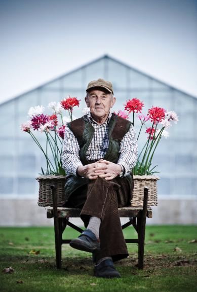 Ken Hall sammelt Nerinen. Für das Porträt reiste Richard Bloom auf die südenglische Insel Isle of Wight. Die krautartigen Pflanzen positionierte er hinter dem Sammler.