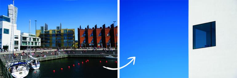 Abstrakte Schönheit: Nur ein Teil des modernen Gebäudes links im Bild oben wurde hierfür fotografiert. Der Bereich des Himmels wird als „Leerraum“ bezeichnet. Er zieht den Blick direkt auf das Motiv.
