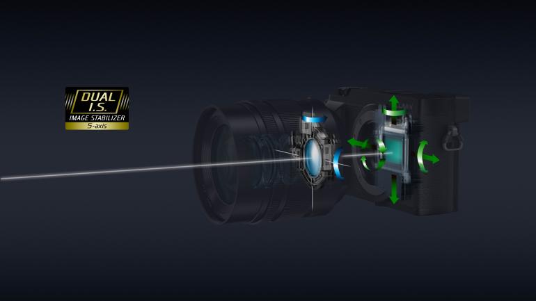Fotografiert man mit einem O.I.S.-Objektiv, ergänzen sich der Linsen- und
Sensorstabilisator und gleichen alle fünf Achsen und bis zu 3,5 Lichtwerte aus.