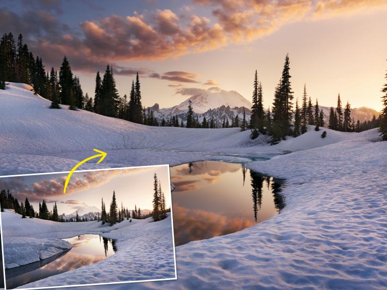 Eine sonnenwarme Schneelandschaft festhalten und bearbeiten