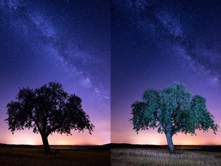 Gleiches Motiv, gleiche Kameraeinstellungen, links ohne Lightpainting, rechts mit Tamron 15-30mm - 15mm, 25s, F/2.8, ISO 1600