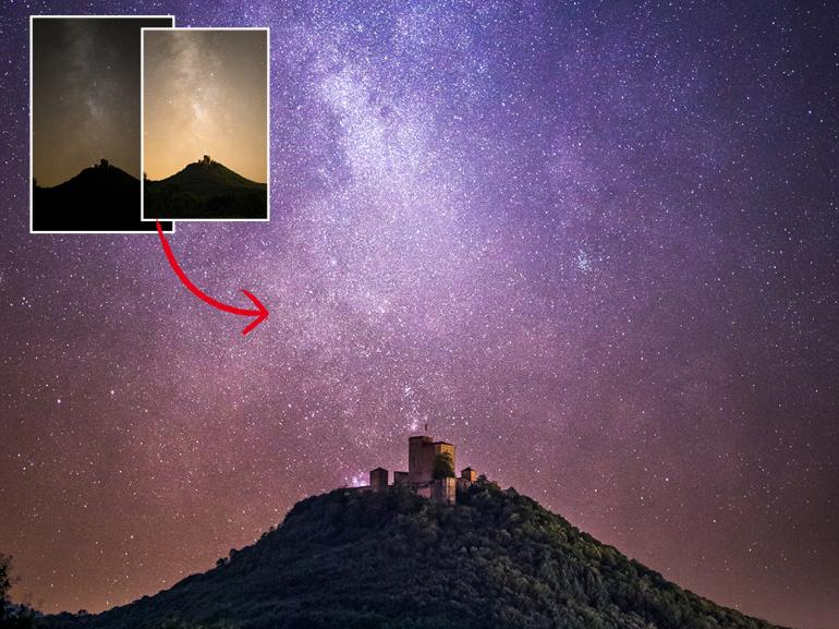 Damit die Sterne nicht verwischen, aber dennoch Details im Bereich der Burg sichtbar werden, habe ich denselben Bildausschnitt zweimal belichtet: mit 8 Sekunden für den Sternenhimmel und 30 Sekunden für den Vordergrund (s. Fotos links oben). Hinterher wurden beide Aufnahmen in Photoshop kombiniert.