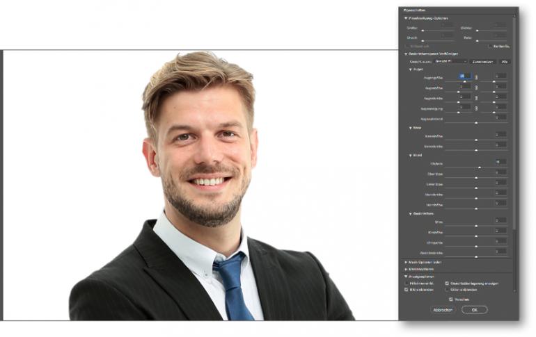 Der Verflüssigen-Filter von Photoshop CC 2018 wurde um Funktionen zur Gesichtskorrektur erweitert. Egal, ob Augenabstand, Nasengröße oder Lächeln – das wird hier per Schieberegler korrigiert.