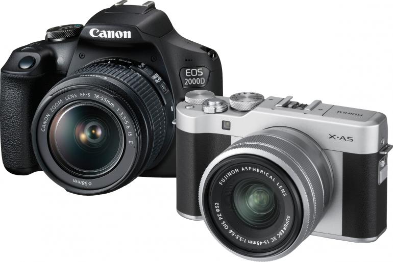 Die Canon EOS 2000D punktet mit einem günstigen Preis sowie einem riesigen Objektivportfolio mit ebenfalls günstigen Optiken.
Vorteile der spiegellosen Fujifilm X-A5 liegen in kompakten Abmessungen und der tollen Bildqualität.