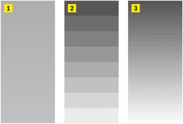Während mit acht Tonwerten (2) die Abstufungen deutlicher werden, wirkt der Verlauf mit 32 Tonwerten (3) weicher und die Abstufungen sind kaum zu erkennen.