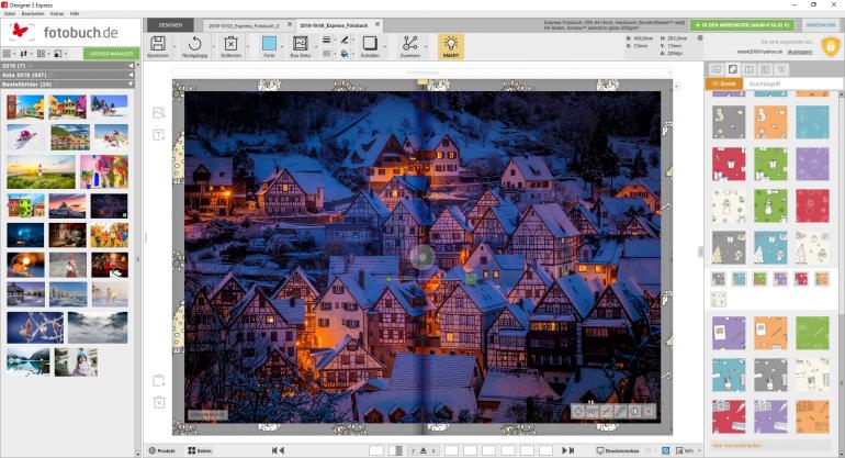 Designer 3 bietet Ihnen für die Gestaltung Ihres Fotobuchs einen riesigen Fundus an professionell gestalteten Vorlagen, Hintergründen, Stickern und Illustrationen an. Dabei werden die Daten erst dann ­heruntergeladen, wenn Sie sie auf Ihr Projekt ziehen und verwenden. Besonders praktisch ist die Stichwortsuche, die ausgesprochen gut funktioniert.