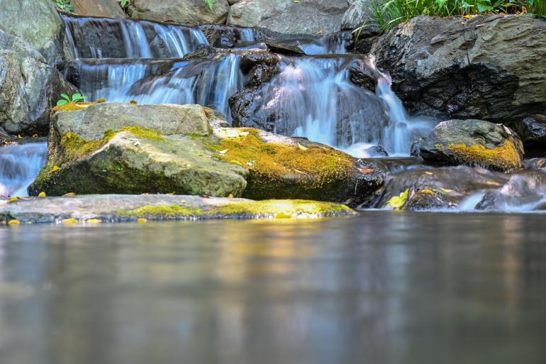 Langzeitbelichtung: Das Motiv fanden wir in einem japanischen Garten. Um das Wasser in Bewegung zu versetzen, fotografierten wir mit 0,4 Sekunden Belichtungszeit, Blende f/5,6 und ISO 64. Die Brennweite liegt bei 70mm. Die Kamera stabilisierten wir zusätzlich auf einem Stein am Ufer.