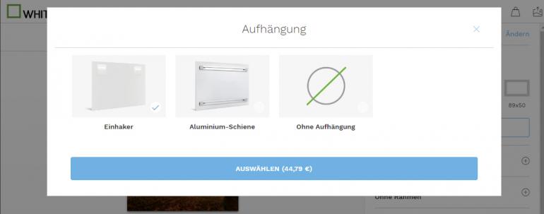 Bei WhiteWall haben Sie, wie bei Meinfoto und Picanova, die Wahl zwischen einem einfachen Einhaker und einer hochwertigen Aluminiumschiene.