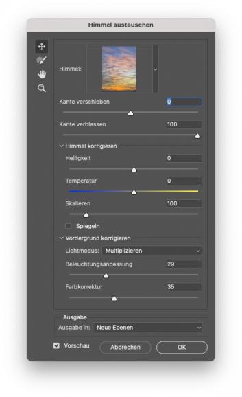 „Himmel austauschen“ in Photoshop CC: Kompakt und übersichtlich präsentiert sich das Dialogfenster zum Austausch des Himmels in Photoshop CC.