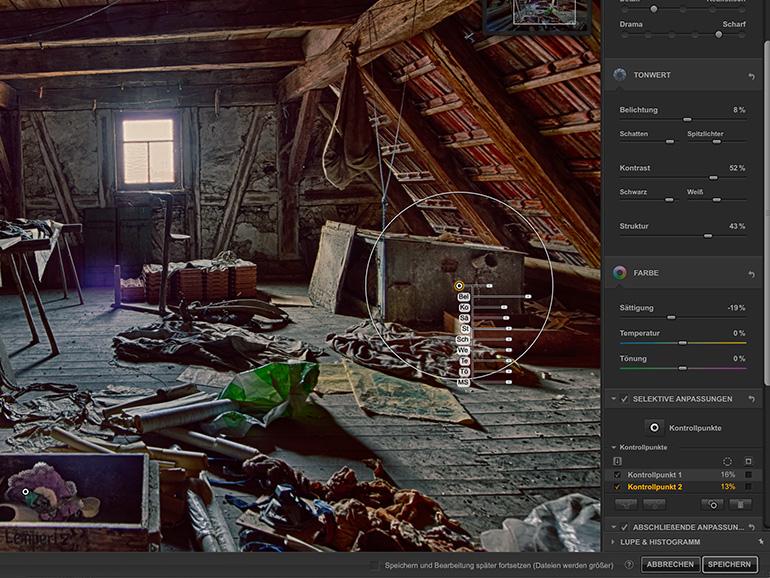 Mittels Kontrollpunkten werden Farbe, Helligkeit und Kontrast angepasst.
