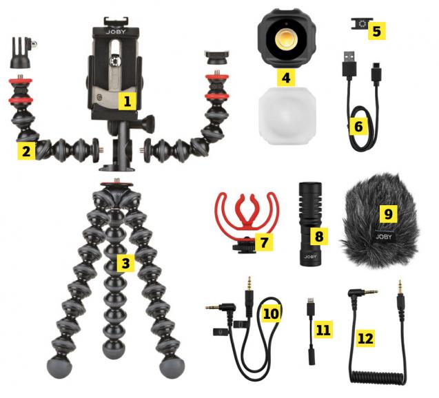 Der Lieferumfang des JOBY GorillaPod Vlogging-Kits