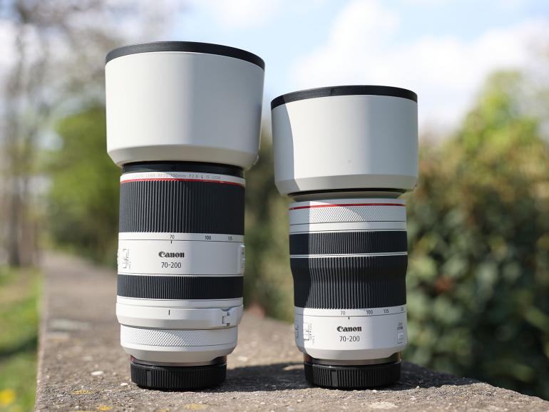 Das Profimodell (links): Mit hoher optischer Qualität und einem innovativen Design folgt das RF 70-200mm F2.8L IS USM auf das EF-Äquivalent. Mit einem Neupreis von 2.849 Euro ist es allerdings sehr teuer. Kleine Schwester (rechts): Wie für EOS-DSLRs hat Canon auch für die spiegellosen Vollformatkameras mit RFBajonett ein kompakteres und zugleich günstigeres Telezoom im Vergleich zum f/2,8-Zoom im Angebot. Wir haben es getestet.