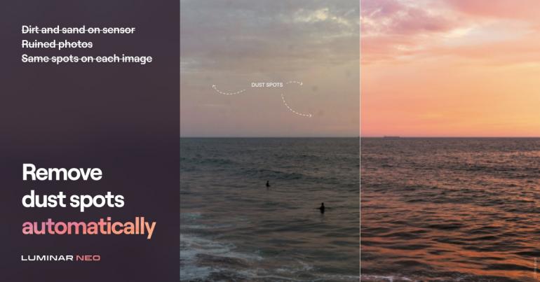 Entferne Unreinheiten und ablenkende Elemente: Luminar Neo erkennt und entfernt automatisch Artefakte, die durch einen verschmutzten Kamerasensor oder ein verschmutztes Objektiv entstehen. Neue Werkzeuge sollen das Entfernen unerwünschter Hintergrundelemente so einfach machen wie nie zuvor.