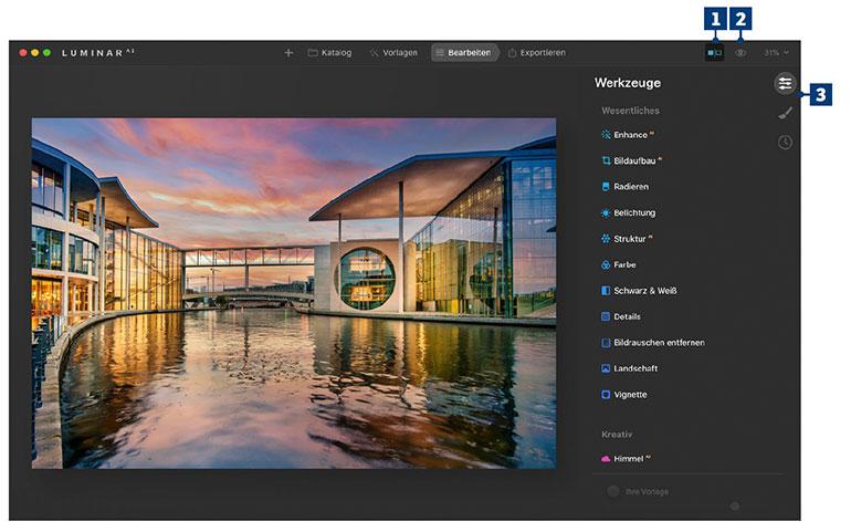 In dieser Ansicht findest du wichtige Bildbearbeitungsbereiche, alle Werkzeuge und auch deinen Bearbeitungsverlauf.