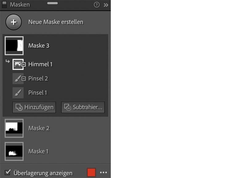 Masken-Ebenen: Die neue Masken-Palette wird eingeblendet, sobald Sie eine erste Maske erstellen. Alle Maskierungen werden übersichtlich aufgelistet und sind jederzeit editierbar und miteinander kombinierbar.