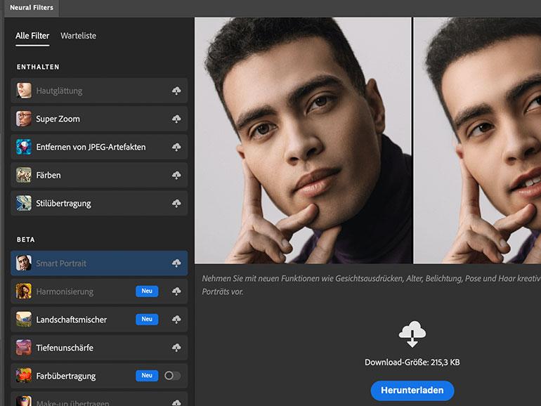 Die „Neural Filters“ müssen vor Erstverwendung heruntergeladen werden.