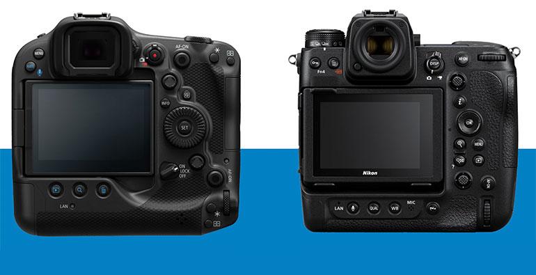 Die Rückseiten der Profi-Systemkameras Canon EOS R3 (links) und Nikon Z9 (rechts)