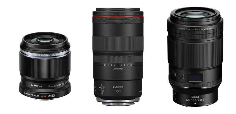 Von links nach rechts: Olympus M. Zuiko Digital ED 30mm F3.5, Canon RF 100mm F2.8L IS MACRO USM, Nikkor Z MC 105mm 1:2,8 VR S