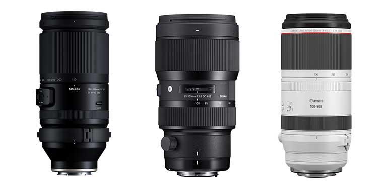 Von links nach rechts: Tamron 150-500mm F/5-6.7 Di III VC VXD, Sigma 50-100mm F1,8 DC HSM Art, Canon RF 100-500mm F4.5-7.1L IS USM