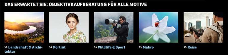 Die sieben Fotogenres unserer Kaufberatung: Landschaft und Architektur, Porträt, Wildlife und Sport, Makro und Reise.