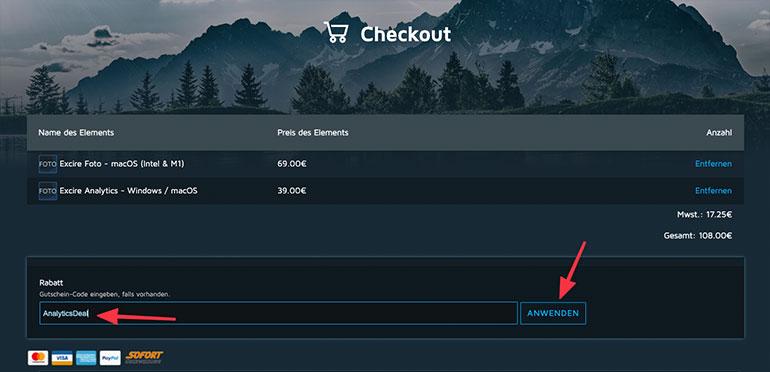 Geben Sie hier den Gutschein-Code &quot;AnalyticsDeal&quot; ein.
