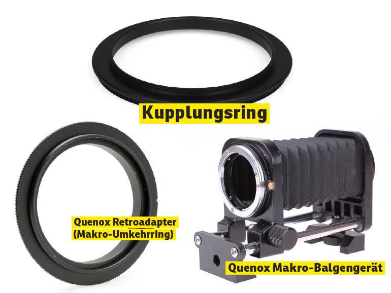 Kupplungsring, Quenox Retroadapter (Makro-Umkehrring), Quenox Makro-Balgengerät 