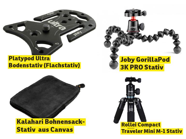 Platypod Ultra Bodenstativ (Flachstativ), Joby GorillaPod 3K PRO Stativ, Kalahari Bohnensack-Stativ aus Canvas, Rollei Compact Traveler Mini M-1 Stativ