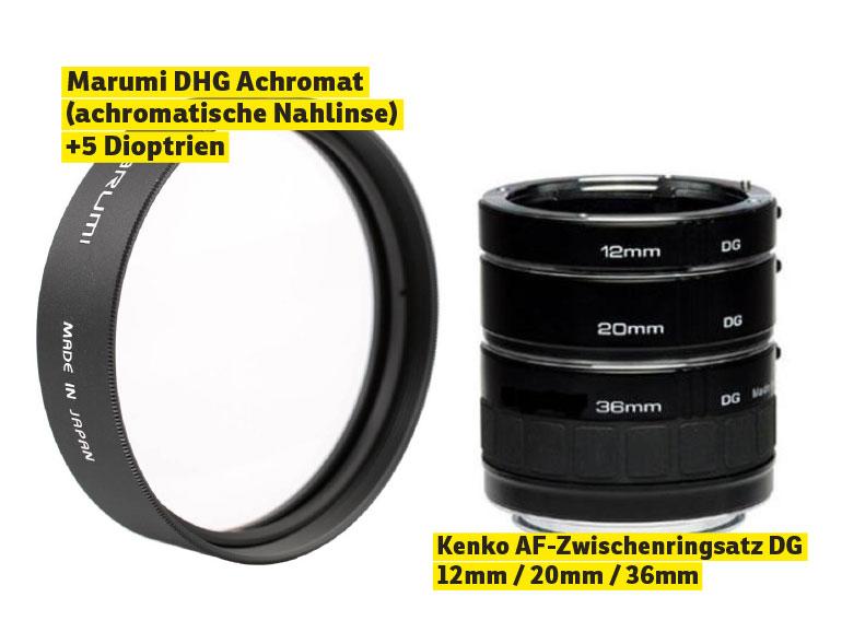 Marumi DHG Achromat (achromatische Nahlinse) +5 Dioptrien, Kenko AF-Zwischenringsatz DG 12mm / 20mm / 36mm