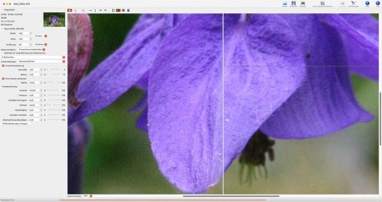 Die Vorschau wird in PhotoZoom Pro 8 immer pro Bildausschnitt in Echtzeit gerechnet.
