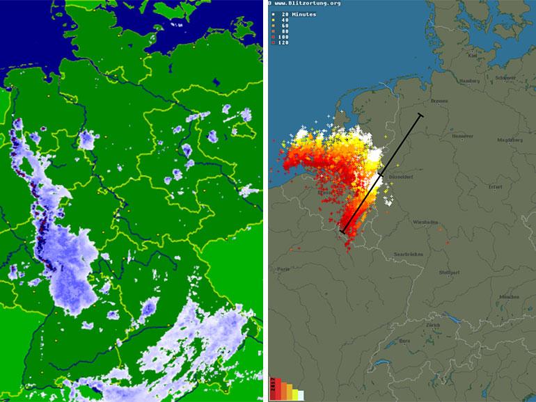 Niederschlagsradar (links) und Blitzortung (rechts)