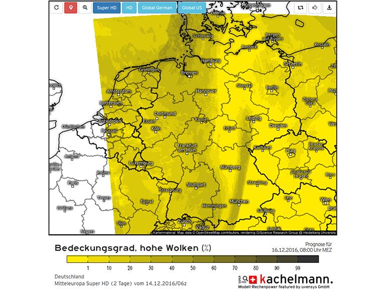 Wetterkarten wie beispielsweise „Kachelmannwetter“ geben den Bedeckungsgrad mit Prognosekarten an.