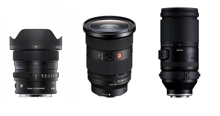 (v.l.n.r) Sigma 20mm F2 DG DN | Contemporary, Sony FE 24–70 mm F2.8 GM II, Tamron 150-500mm F/5-6.7 Di III VC VXD